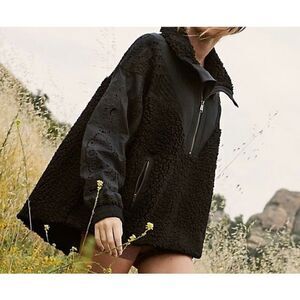 Free People FP Movement Black Care Seaside Fleece Crochet & Embroidered Pullover